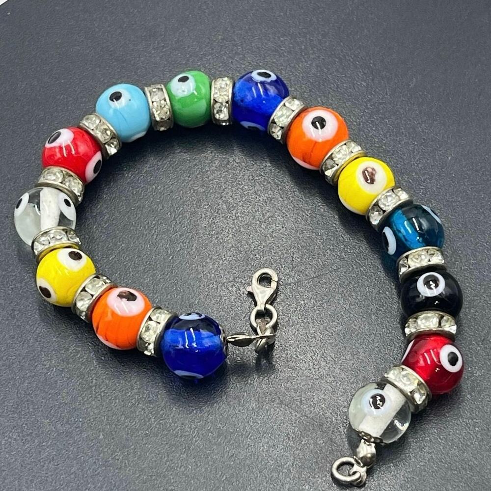 Sterling Silver Evil Eye Multicolor Glass Beads Rhinestone‎ Protection Bracelet